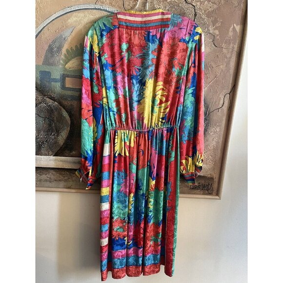 Anne Crimmins Silk Dress Vintage Colourful 80s Vibrant Long Dress Size 8 - Picture 9 of 11